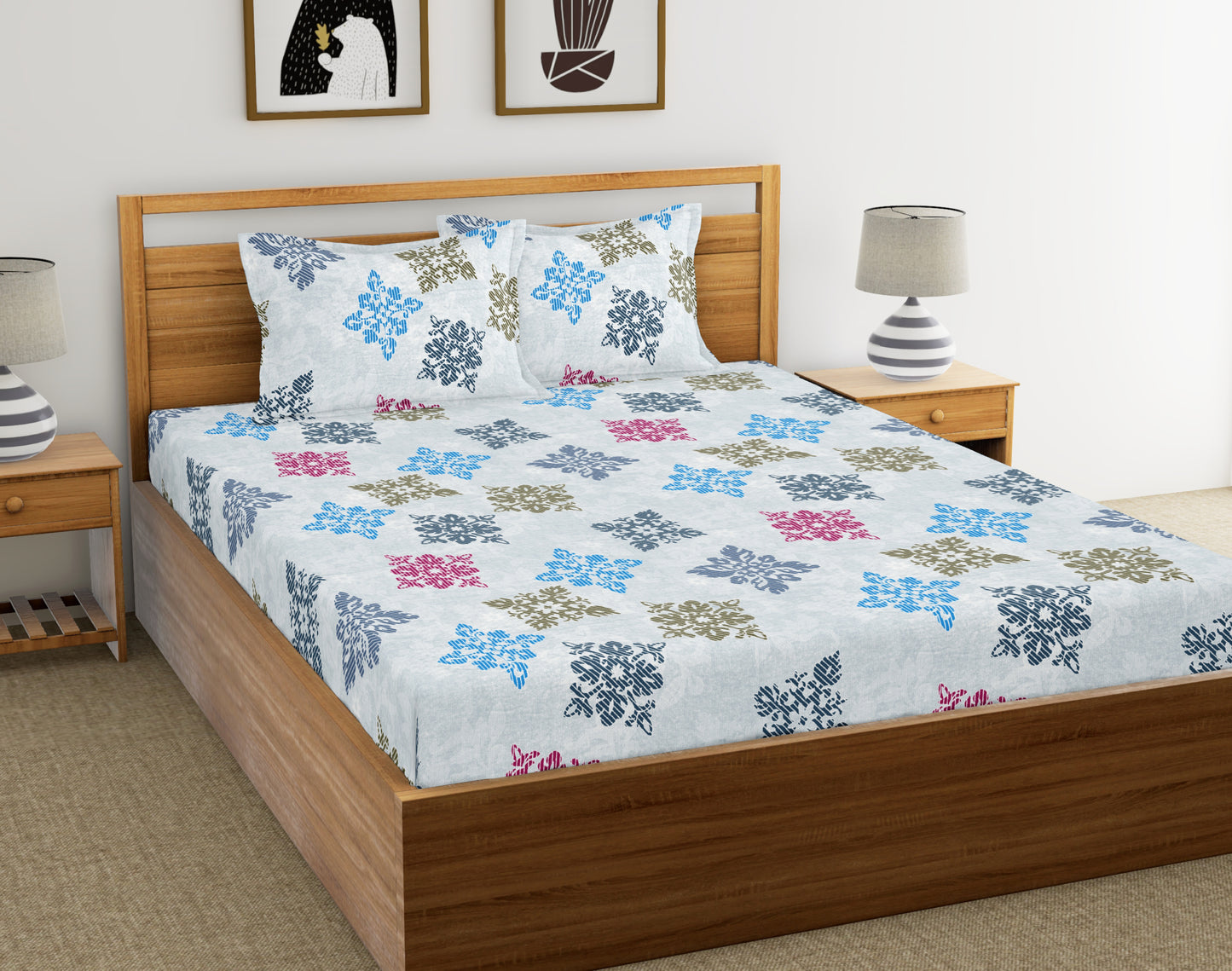 Blue Square Floret | 186 TC | Double Size Bedsheet