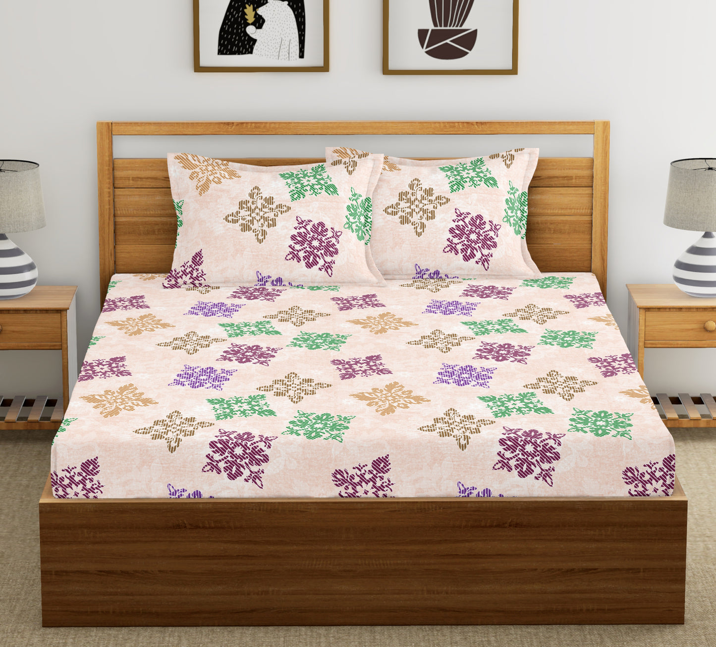 Orange Green Square Floret | 186 TC | Double Size Bedsheet