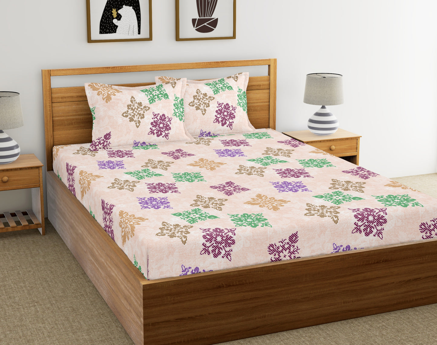 Orange Green Square Floret | 186 TC | Double Size Bedsheet