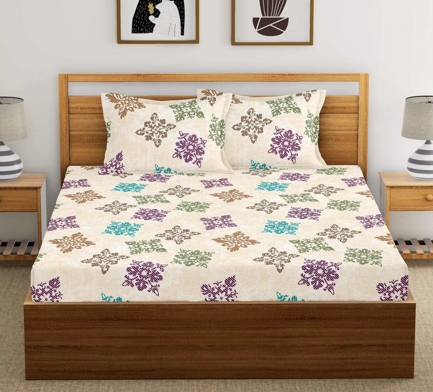 Lemon Square Floret | 186 TC | Double Size Bedsheet
