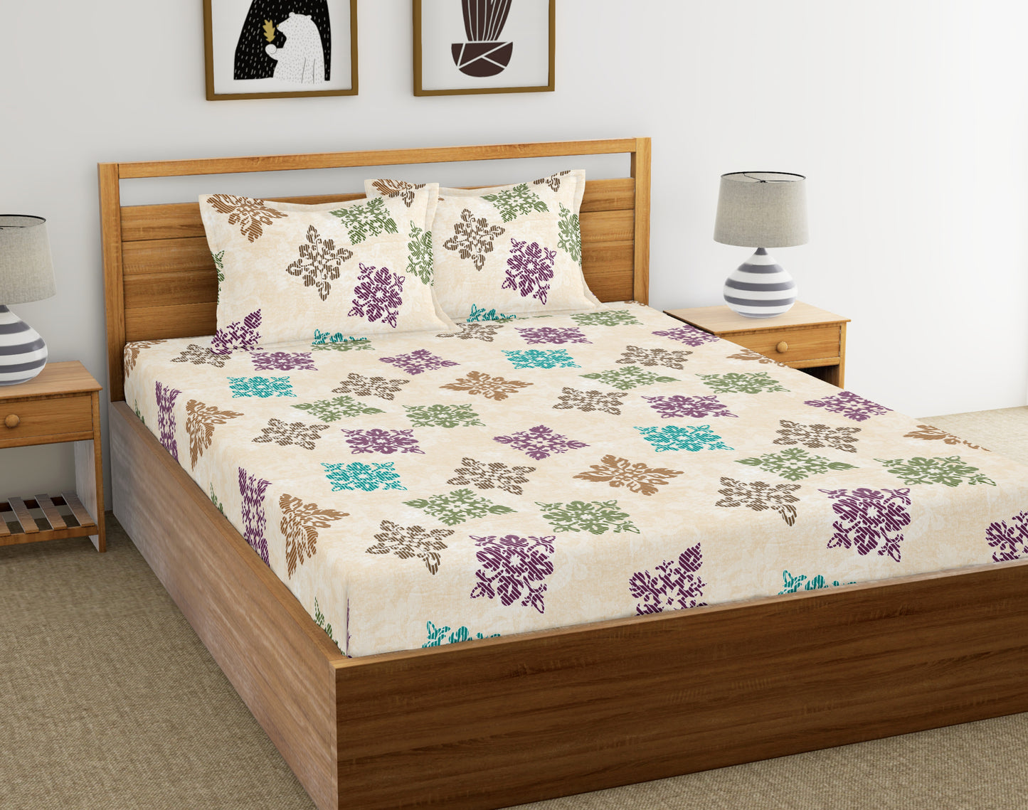 Lemon Square Floret | 186 TC | Double Size Bedsheet