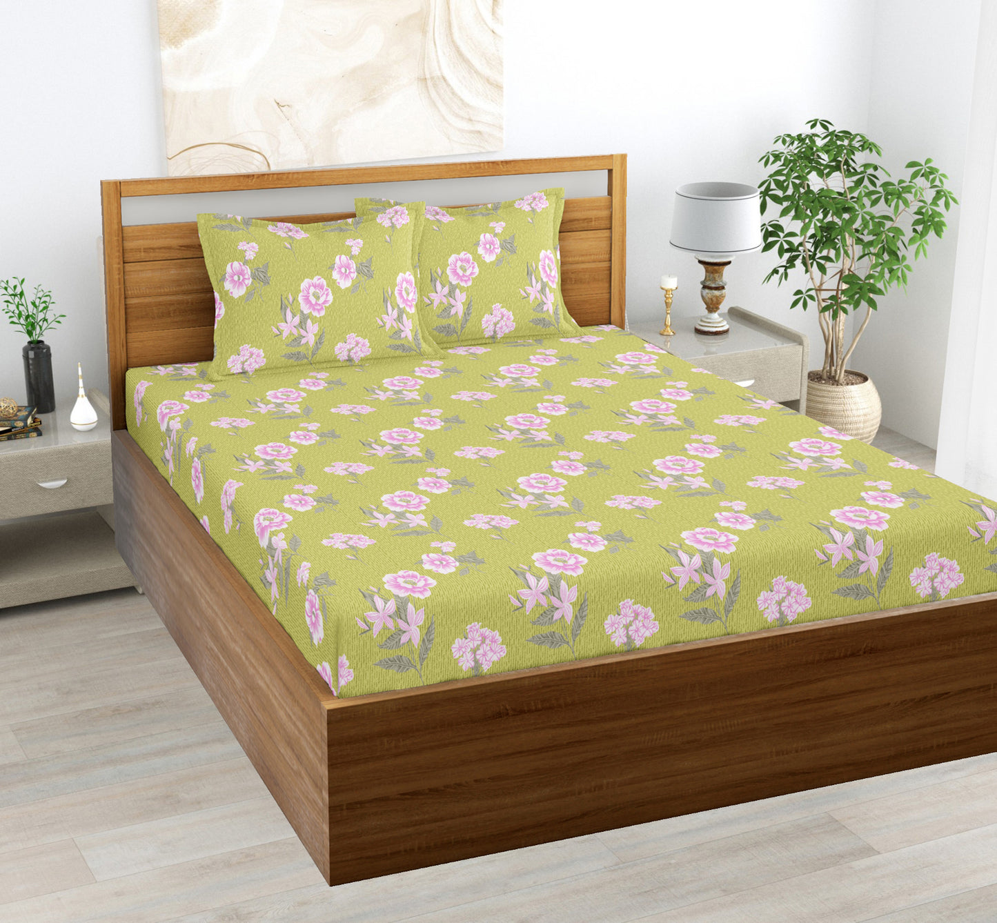 Green Blossoms | 144 TC | Double Size Bedsheet