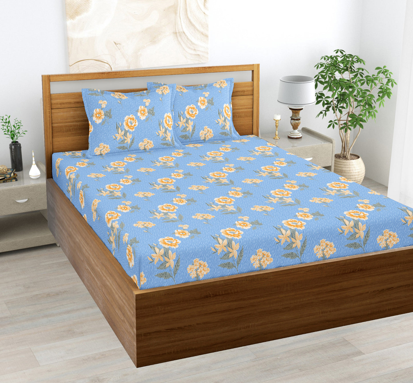 Blue Blossoms | 144 TC | Double Size Bedsheet