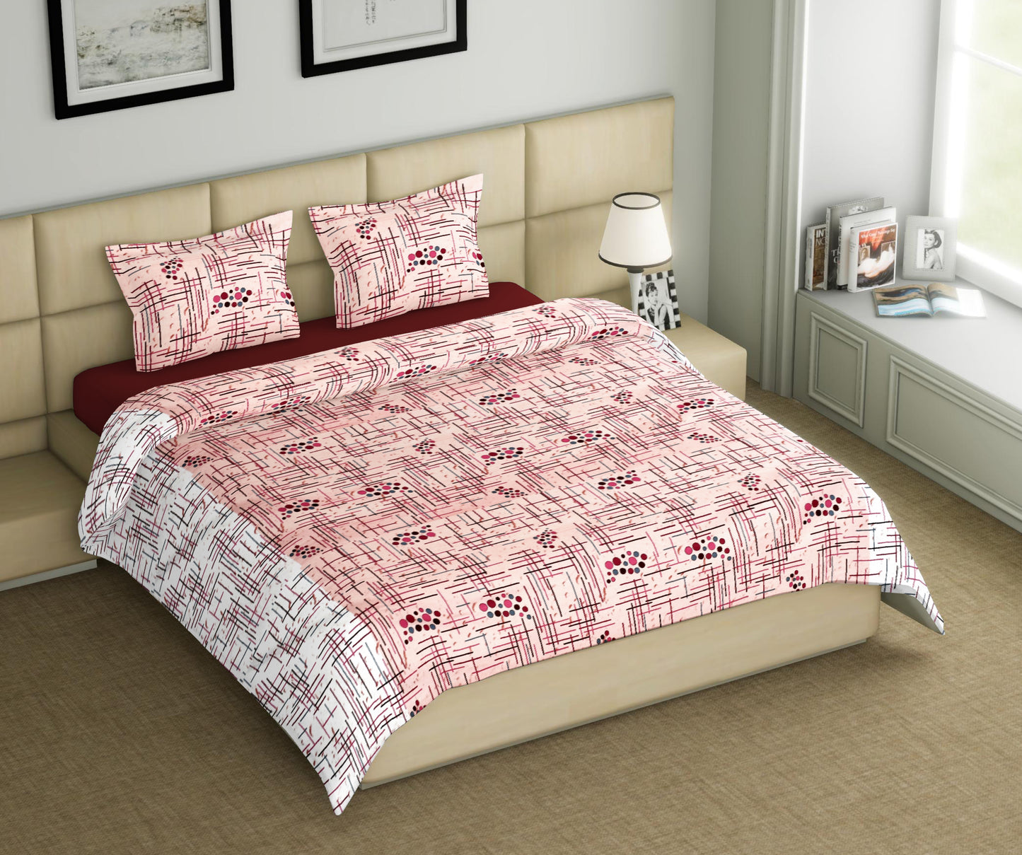 Pink and White Geometry Wave Dual Color | 186 TC | King Size Bedsheet