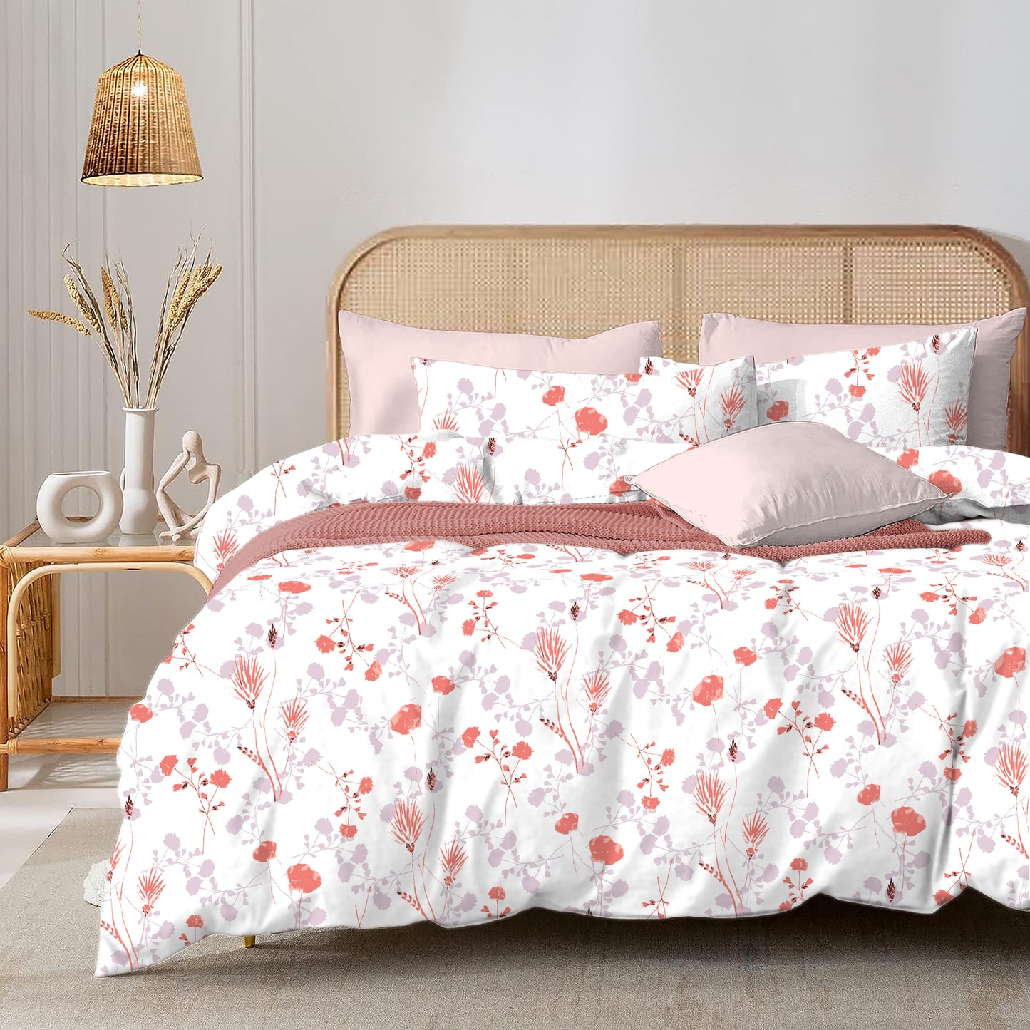 Everywhere White Base & Orange Flower Print | 186 TC | Queen Size