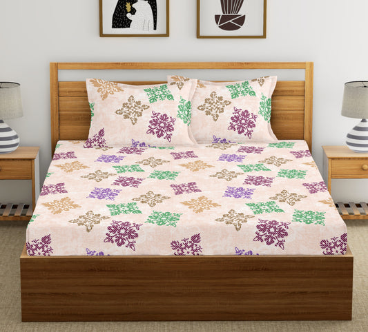 Orange Green Square Floret | 186 TC | Double Size Bedsheet