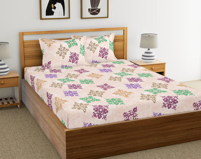 Orange Green Square Floret | 186 TC | Double Size Bedsheet