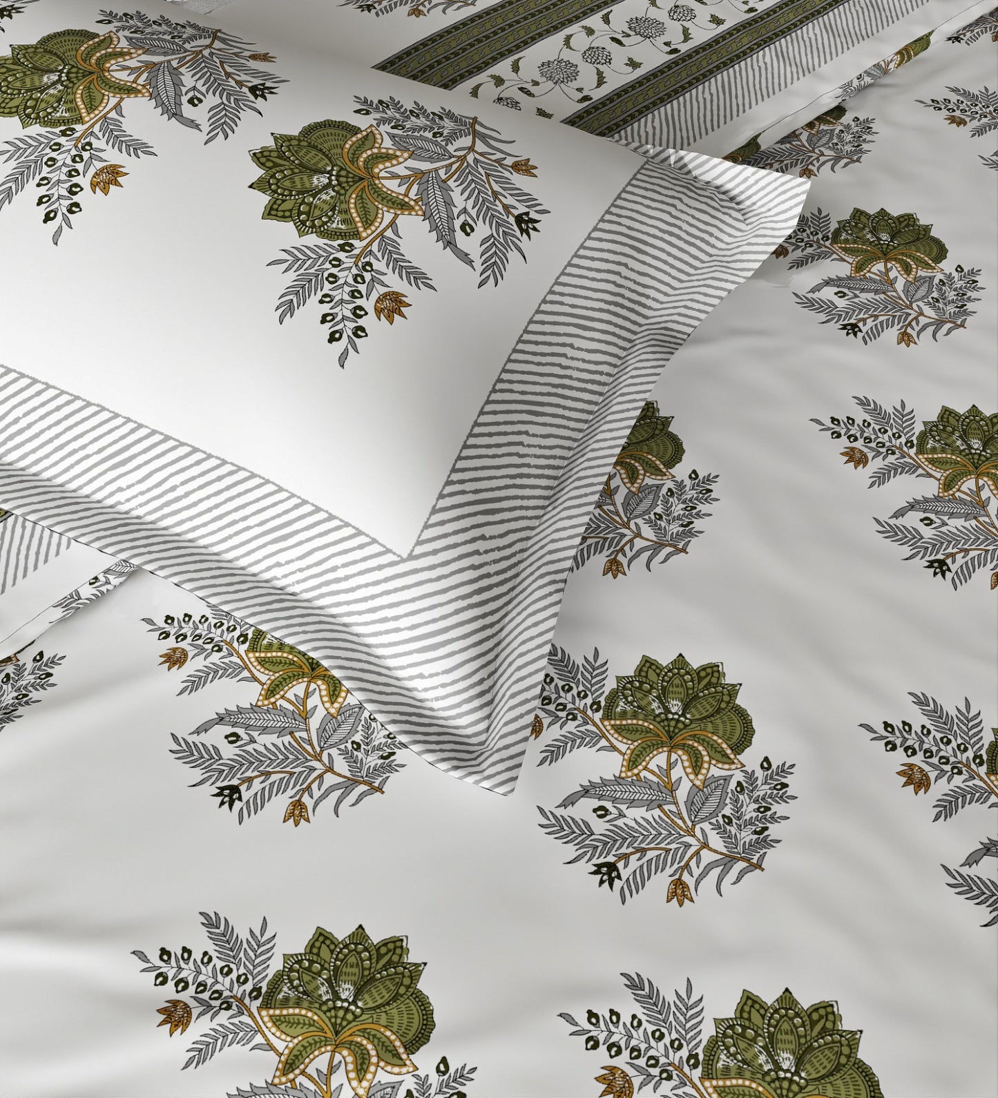 Jaipuri Print White & Green | 210 TC | King Bedsheet